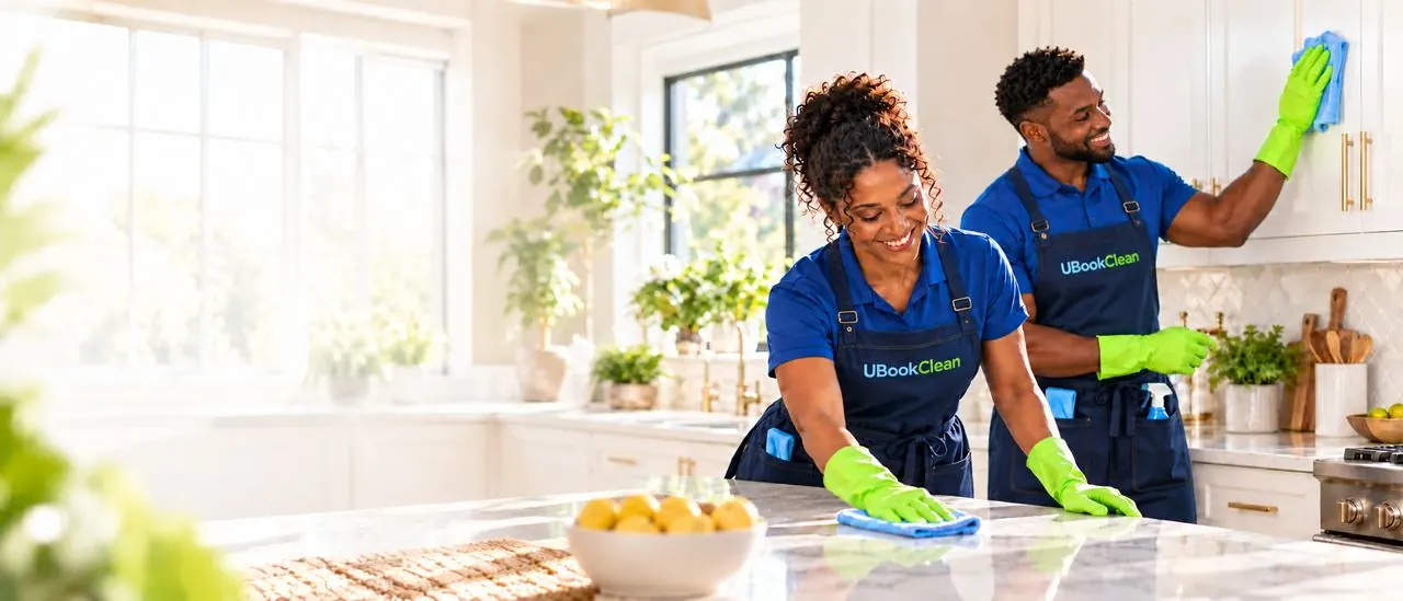Cleaning professionals wearing UBookClean aprons in a bright kitchen